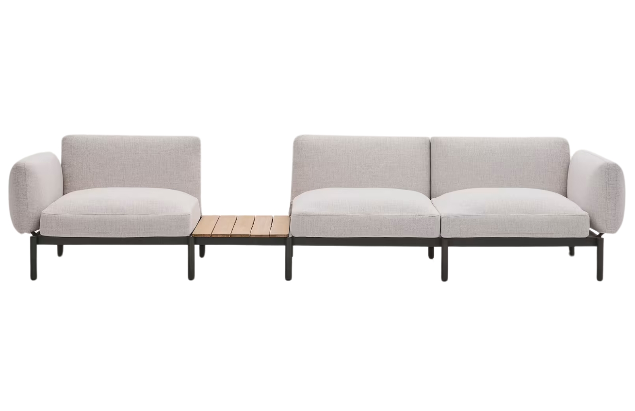 Béžová třímístná zahradní pohovka se stolkem Kave Home Sorells 341 cm