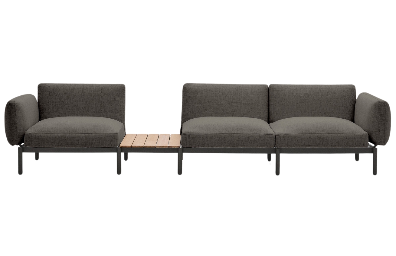 Šedá třímístná zahradní pohovka se stolkem Kave Home Sorells 341 cm