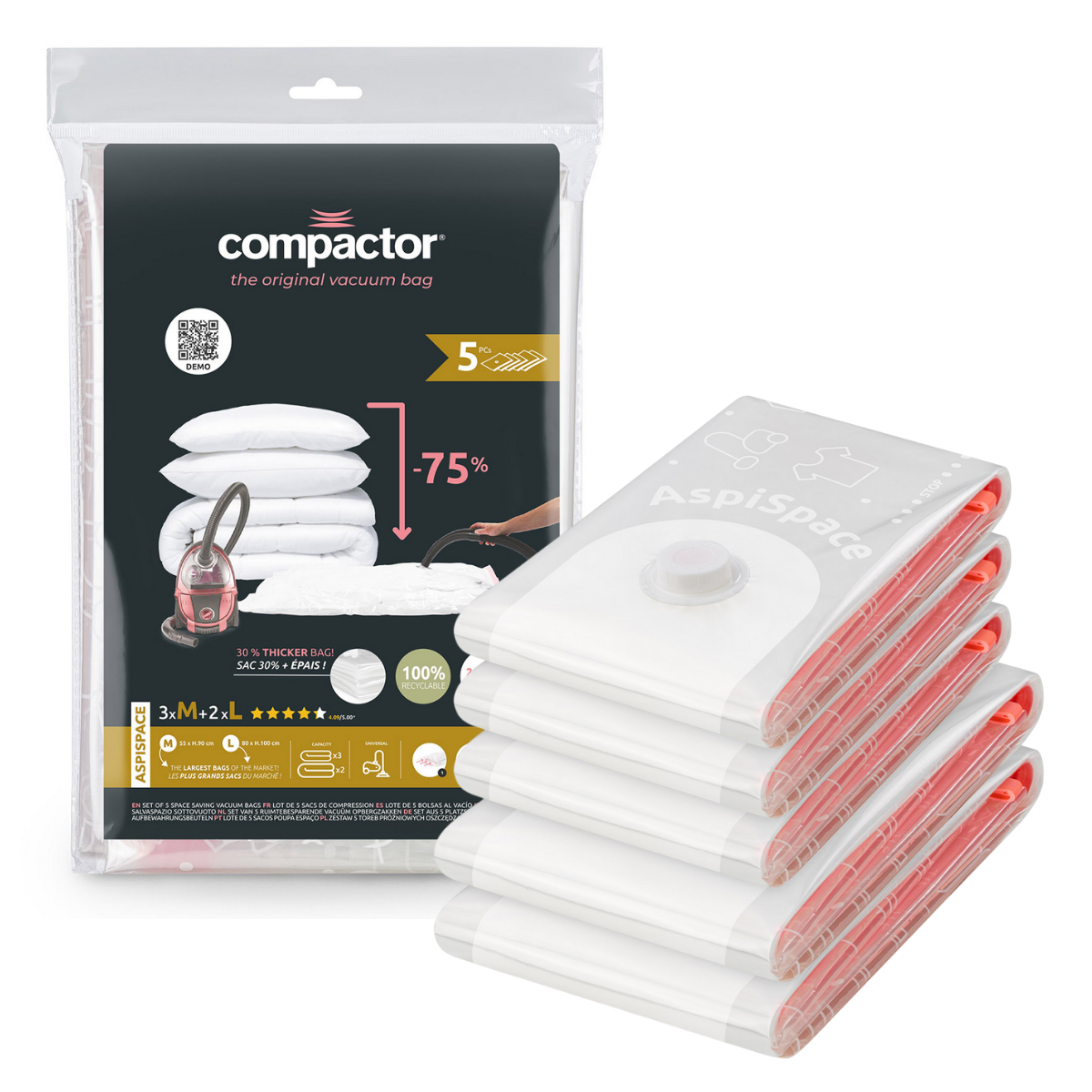 Compactor Sada vakuových úložných pytlů Aspispace 3x M 70 l