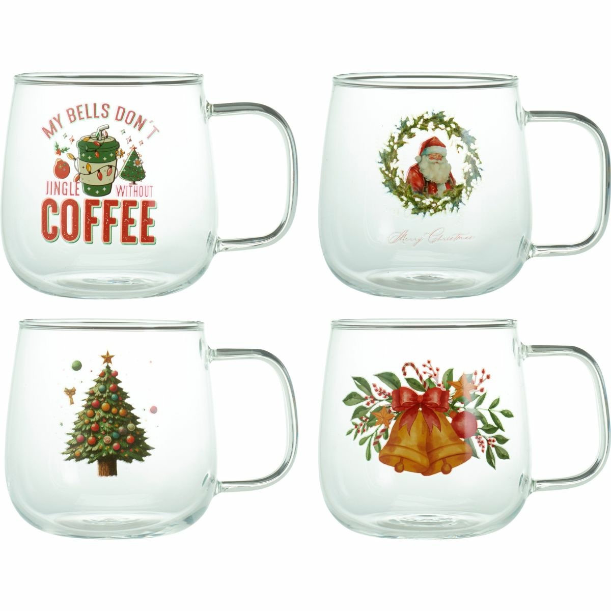 Sada 4 vánočních skleněných hrnků s potiskem 400 ml