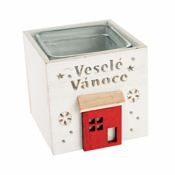 Dřevěný svícen se sklem Veselé Vánoce