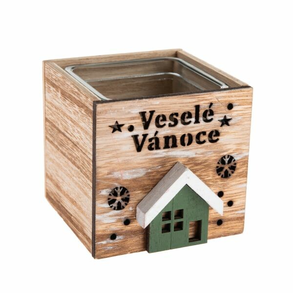 Dřevěný svícen se sklem Veselé Vánoce