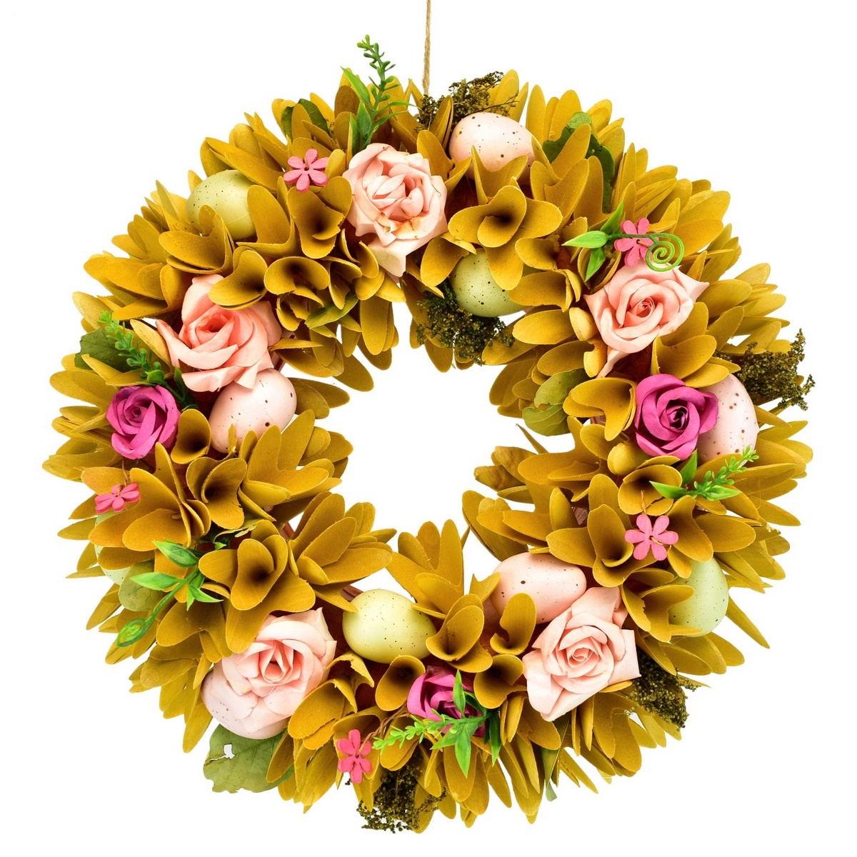 Jarní věnec z dřevěných hoblinek s květy růžiček