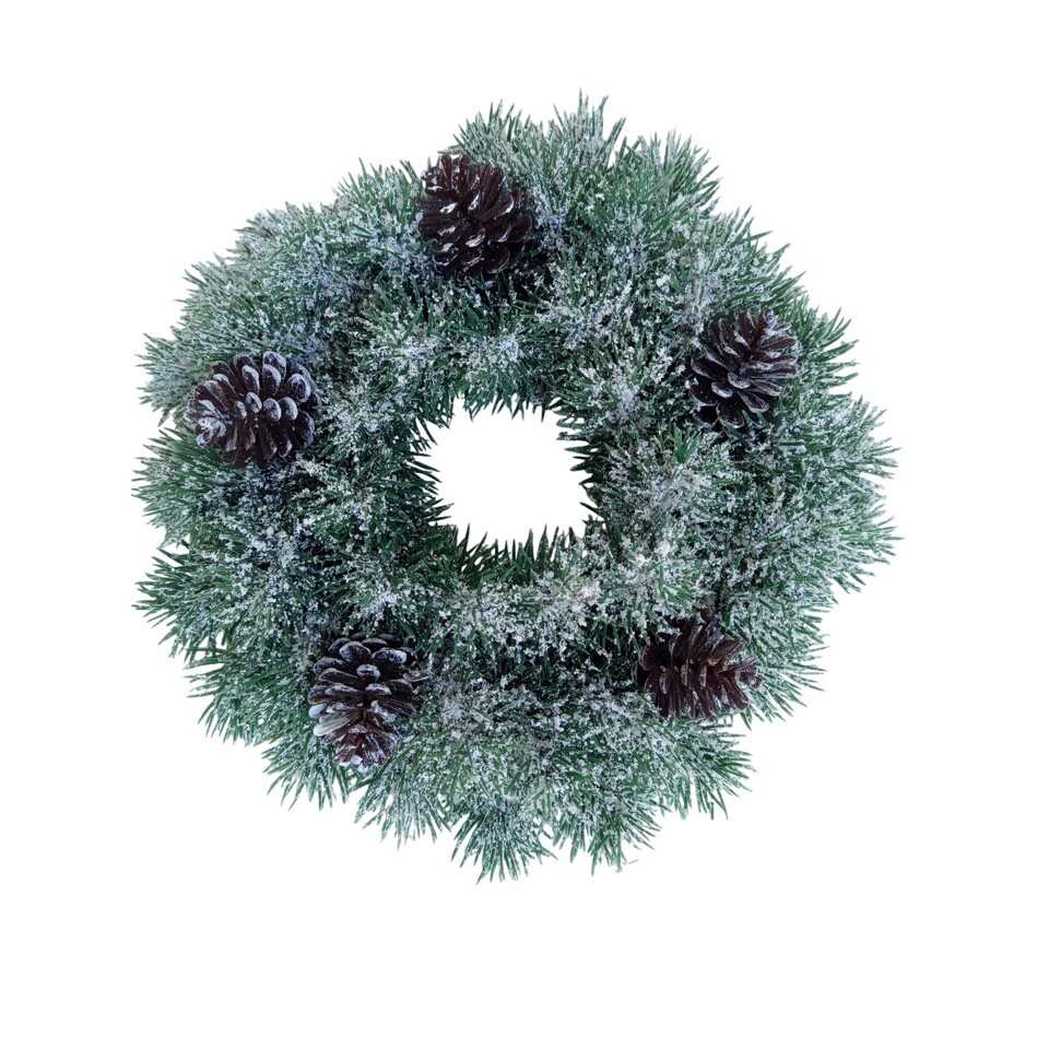 Plastový věnec zasněžený se šiškami