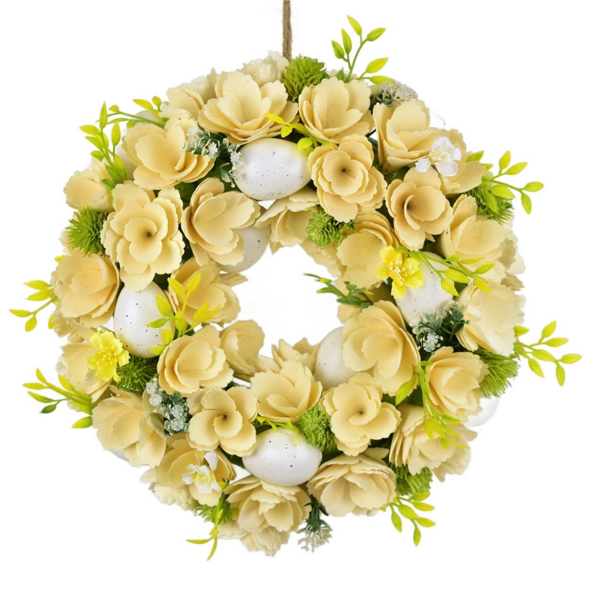 Velikonoční věnec z dřevěných květů s vajíčky
