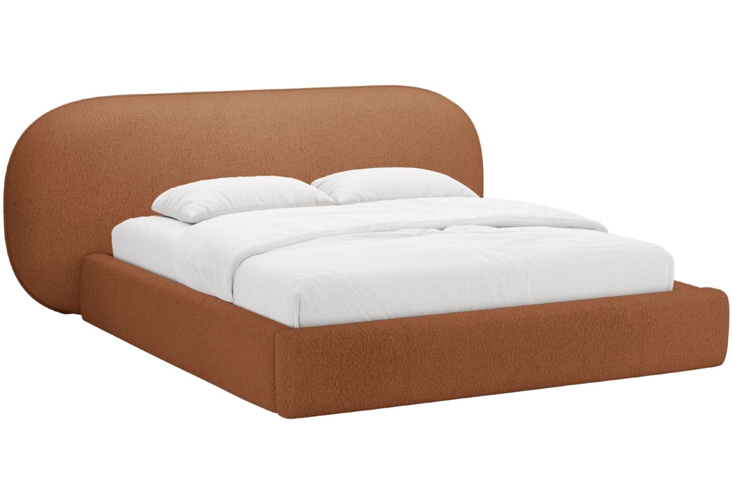 Terakotově oranžová bouclé dvoulůžková postel MICADONI Ovalo 180 x 200 cm s úložným prostorem